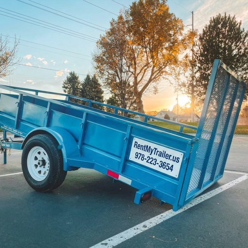 Blue utility trailer with RentMyTrailer.us signage at sunset